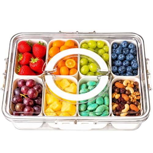 Küchera Snackle Box with Handle 8 Compartment Divided Snack Box with Lid Portable Dishwasher-Safe Food Storage Container for Plane Travel & Picnics Holding Fruits Nuts Sweets & Crisps