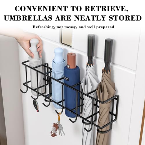 Image of HASTHIP Wall Umbrella Holder Storage Organizer Rack with Hooks, No Drill Wall Mounted Multi Hook Rack Umbrella Organizer Rack for Folding Umbrella, Golf Umbrella