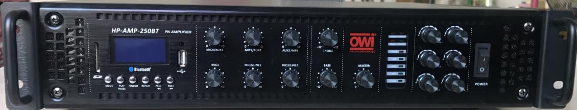 OWI HP-AMP-250BT Amplifier, 250 Watts, Bluetooth; Microphone Mixer/EQ, 2 x 250W ge Connection Function; Microphone Mixer Function; 2-Stereo Audio Outputs; Remote Control and Sensor