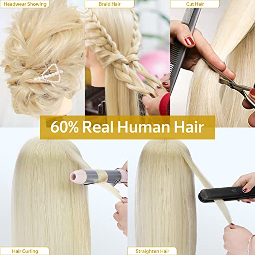Foto von Frisierkopf,Neverland Übungskopf 71cm 60% Echthaar,Frisieren Trainingsköpfe für Friseure Ausbildung Kopf Mit Halter + DIY Haare Set(Gebleichtes Blondes)