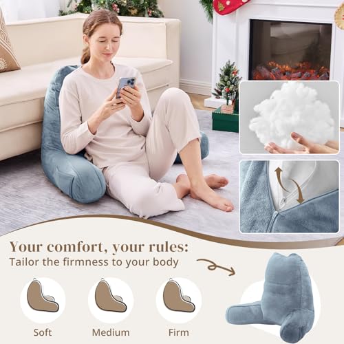 Image of Sasttie Reading Pillow for Bed, Back Pillow for Sitting Up, Greyish Blue | 21 inch Backrest Support Cushion for Couch, Sofa, and Floor, Dorm Essentials, OEKO-TEX, Adjustable Down Alternative Fill