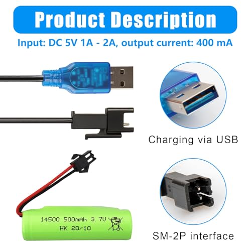 2pcs Chargeur Batterie 3.7v avec Prise SM-2P Câble de Charge USB, NI-MH Battery USB Charger Cable de Chargeur Prise pour Voiture RC Bateau Drone Avions RC et Autres Jouets Télécommandés