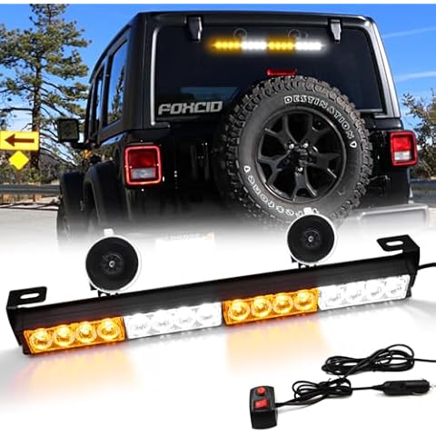 FOXCID 16 LED 18" Amber White 13 Modes Emergency Warning Traffic Advisor Directional Safety Strobe Light Bar Upgrade Large Suction Cups and Cigar Lighter on Trucks Police Cars Construction Vehicles Cover