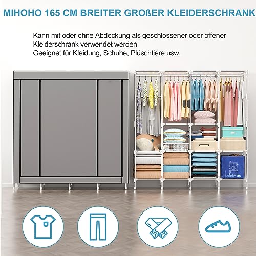Mihoho Tragbarer Kleiderschrank, 170 cm Schrank zum Aufhängen von Kleidung, Kleiderständer aus Metall, freistehender Kleiderschrank mit Oxford-Stoffbezug,165 cm x 170 cm x 45 cm (grau S, Größe)