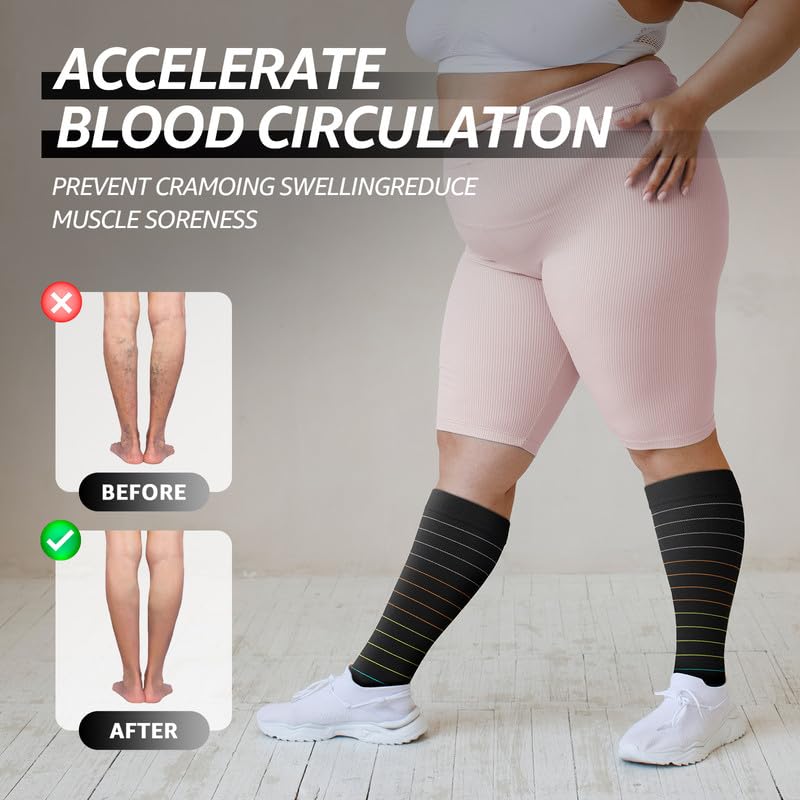 CUBlEX 4 Pairs Plus Size Compression Socks Unisex 20-30mmHg Knee high XXL- XXXXL for Woman & Man2