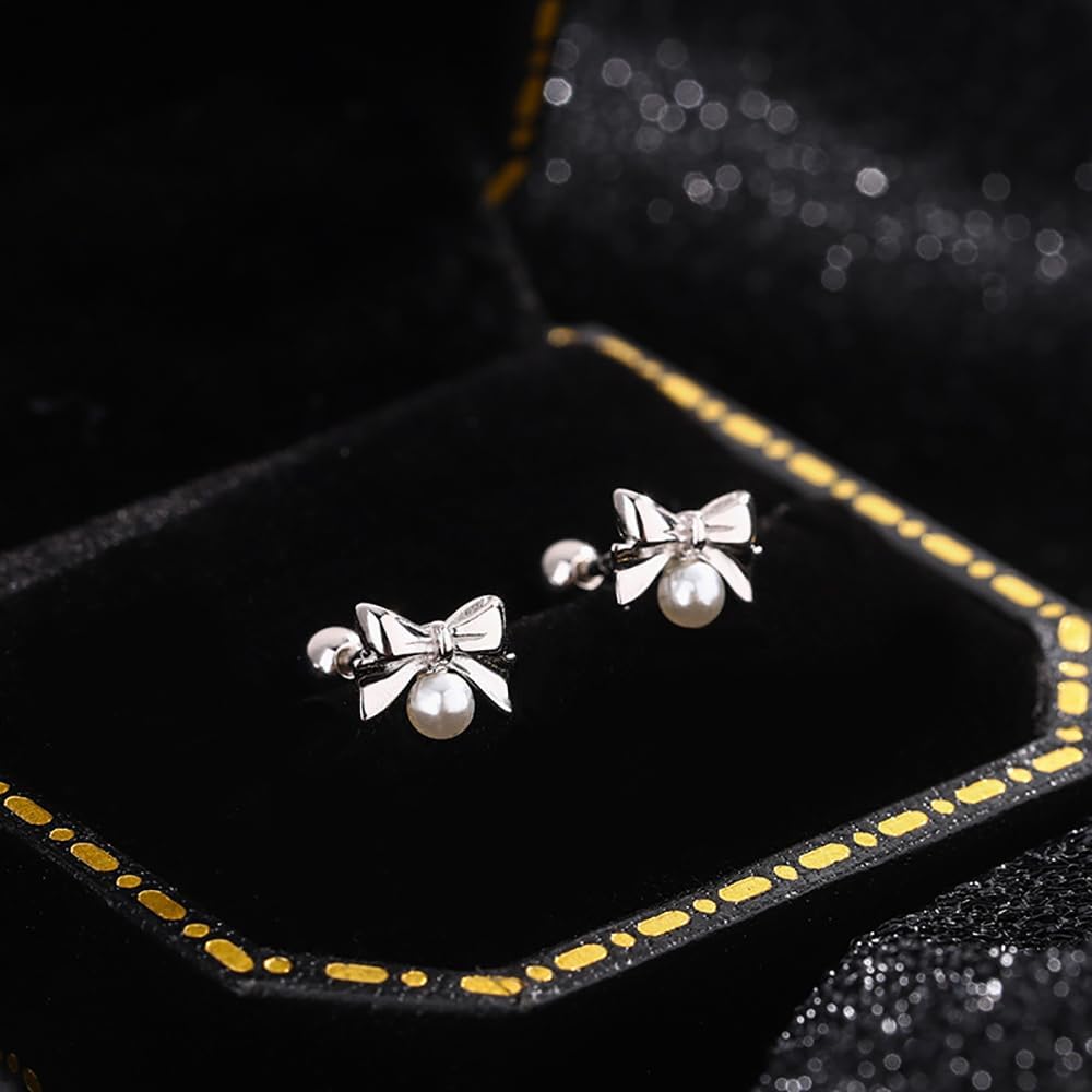 Kokoma 20g Tiny Bow Cartilage Stud Earrings 925 Sterling Silver Pearl Bow Knot Earrings Helix Conch Tragus Earrings Piercing Studs Screw Back Cute Ear Jewelry for Women Christmas - Image 6