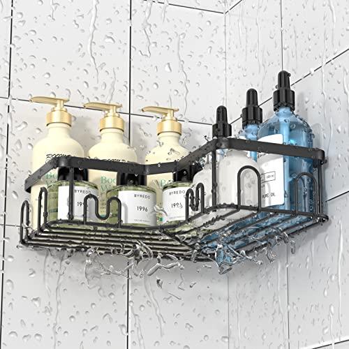 Menbyci 3 Pack Corner Shower Caddy, Stainless Steel Corner Shower Shelf with 18 Hooks, Adhesive Shower Shelves Shower Organizer Corner for Bathroom Storage (Black) - Image 4