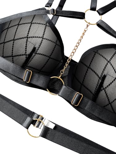 Image of Lilosy Sexy Pu Leather Strappy Underwire Garter Belt Lingerie Set