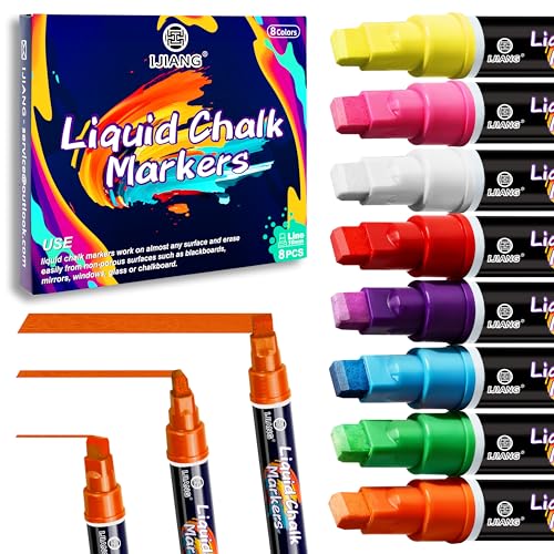IJIANG Chalk Markers Neon 8 Colors, Jumbo Liquid Chalk Markers with 10mm 3-in-1 Tips Perfect for Blackboard Whiteboard Chalkboard and Window Cars Glass Mirror, Dry & Wet Erase Pens