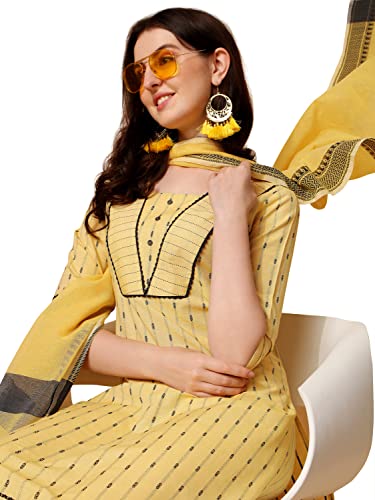 Image of NAINVISH Cotton Blend Kurti Pant & Dupatta | Yellow Kurta Set for Women | Women Kurta Pant Dupatta Set | Kurta Set for Women | Printed Kurta Pant Dupatta Set