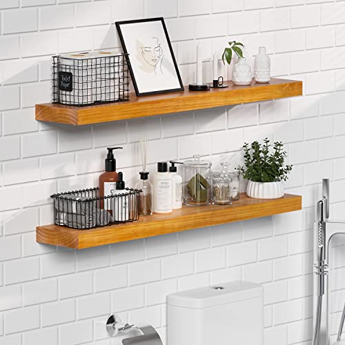 Domax Floating Shelves Wood Shelves for Wall - 36 Inch Long Floating Shelf with Invisible Brackets, Natural Solid Wooden Floating Wall Shelves for Living Room Bedroom Bathroom Kitchen, Set of 2 - Thumbnail 4