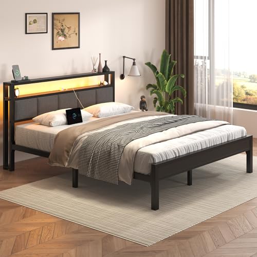 Image of E-Motie Queen Size Bed Frame with LED Lights and Charging Station, Wood Storage Headboard with 2-Tier Shelves, Heavy Duty Metal Slats, No Box Spring Need, Noise Free, Easy Assembly, Light Grey