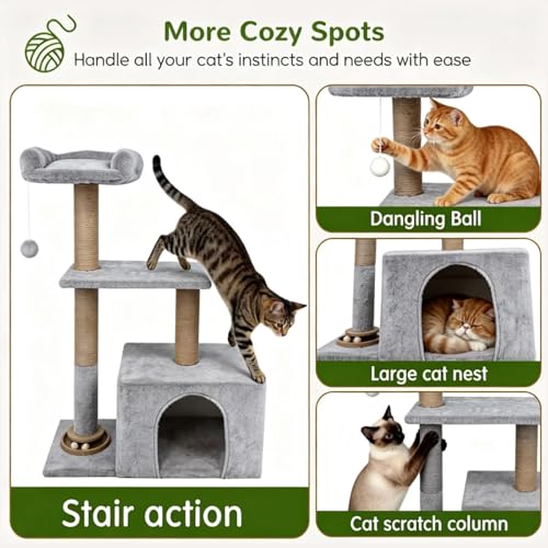 Árbol pequeño para gatos de interior con rascador y cesta miniatura 6