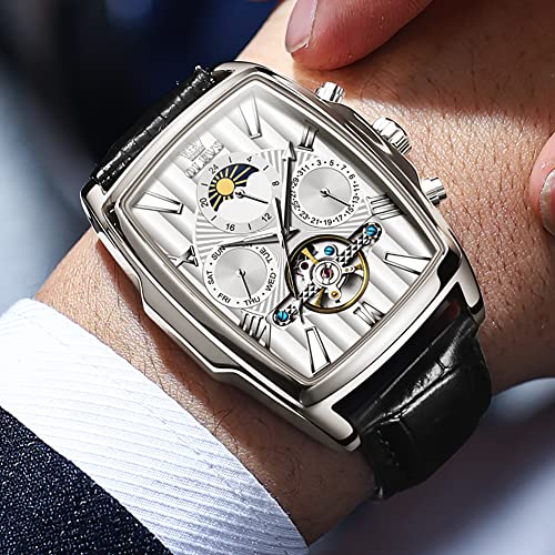 Image of OLEVS Mechanical Dress Mens Watches Square Brown Leather Strap Moon Phase Skeleton Tourbillion Day Date Waterproof Luminous Men's Wrist Watches