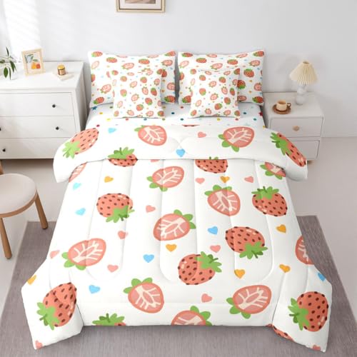 Image of 7 Pcs Cartoon Strawberry Bedding Sets Queen Size Colorful Lovely Hearts Decor Comforter Set Cute Fruits Romantic Style Bed in a Bag with Comforter,Flat Sheet,Fitted Sheet,2 Pillowcases,2 Pillow Covers