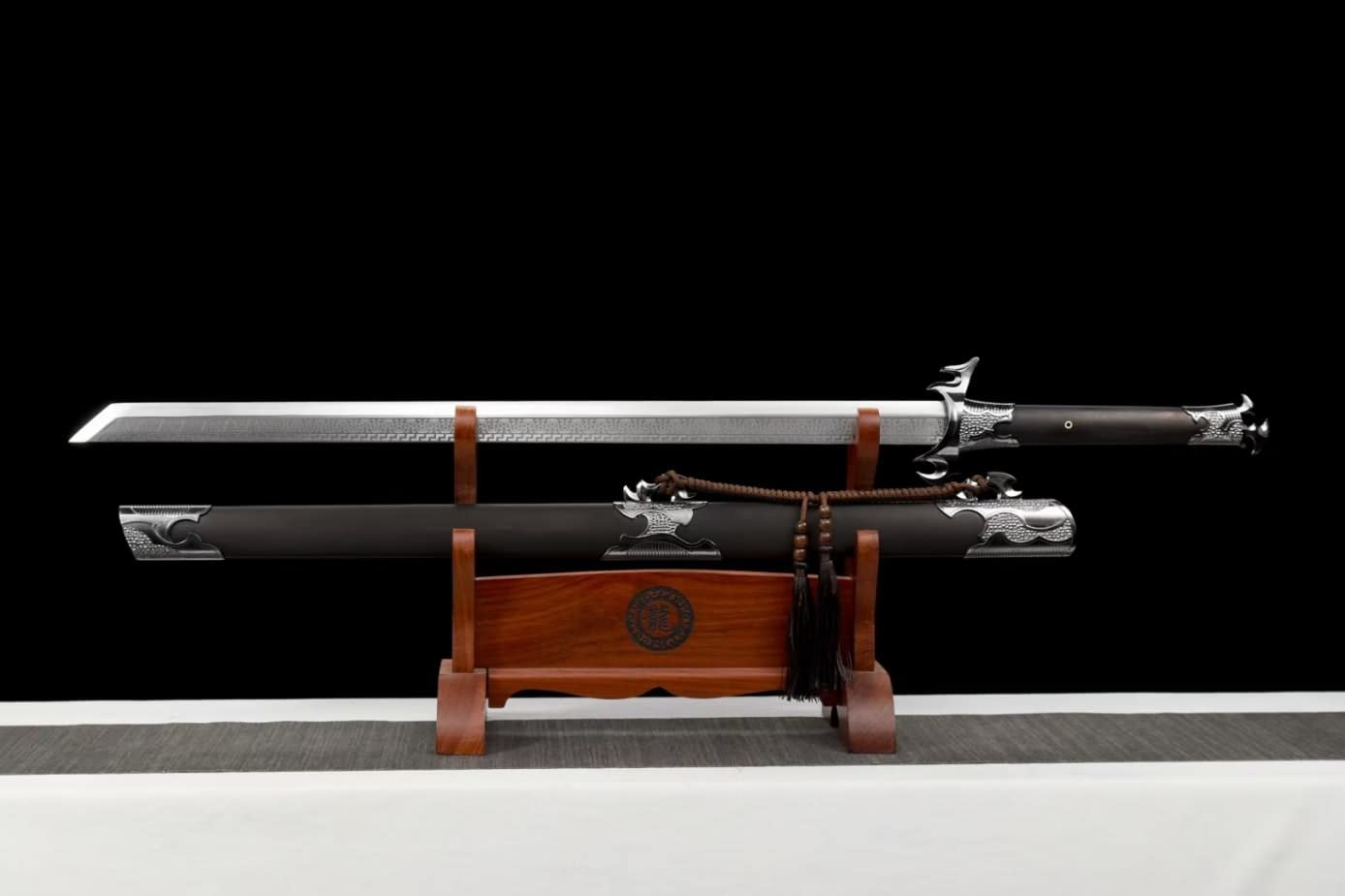 LOONGSWORD Chinese Sword,Shura Broadsword Swords Real(Forged Etch Blades,Alloy Fittings,Black Wood Scabbard)