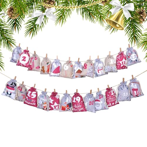 アドベントバッグ、カウントダウンデザインのクリスマスポーチ、ホリデー用の24日間再利用可能なセット、巾着開閉、簡単充填機能、ギフト収納ツール、キャンディーおもちゃジュエリー用のお祝いアクセサリー 3.94x5.91インチ