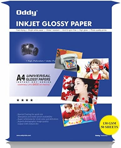 Oddy 130 GSM A4 Size Glossy Photo Paper – Non Adhesive, Universal Coated, Water Proof Pack of 50 Sheets, Compatible with Inkjet Printer.