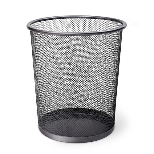 KEPLIN Round Trash Can Bin - 1 Pack Charcoal Black Non-slip Mesh Bins | Waste Paper Bin | Sturdy Metal Bin Indoor Waste Bin for Home, Bedroom, Office, Bathroom, Living Room