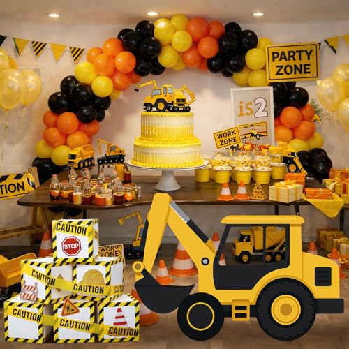Poola Voidra 110 Pcs Construction Party Decorations - Excavator Truck Cardboard Cutout Standup, Balloon, Construction Zone Theme Boxes & Caution Tape for Constructions Birthday Party Supplies