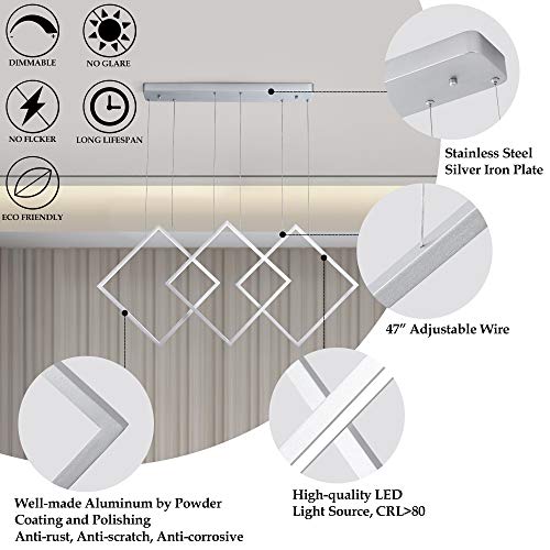 SUNMOO LED Pendant Light Modern Chandelier Lighting 6000K Cool Light Dimmable 110V 84W Parallelogram Shape Ceiling Pendant Light Fixture for Kitchen Bedroom Living Room Dining Room (Silver)