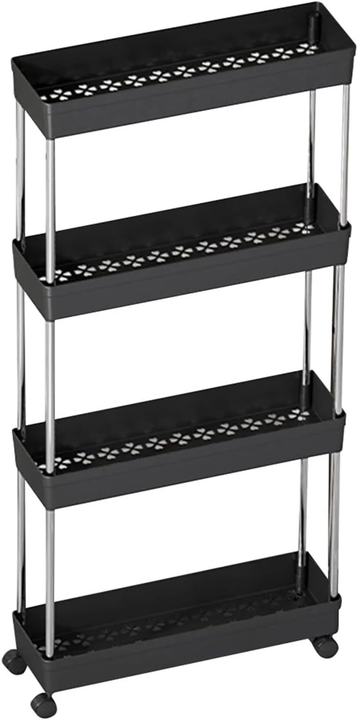 Multi-Layer Trolley Rack with Wheels Movable Storage Organizer Space-Saving Narrow for Bathroom Kitchen Living Room(4 Layers Black)