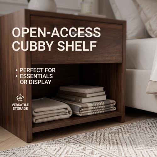 Image of FFO Modern Bedside Table with Drawer & Open Shelf, Wooden Top with Metal Frame, Compact Nightstand for Bedroom, Side Table with Storage, End Table for Living Room