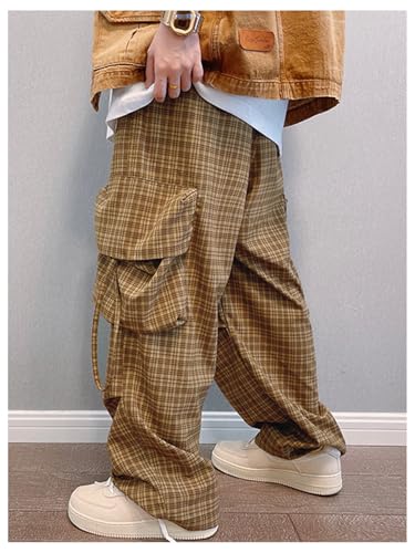 GORGLITTER Men's Gingham Baggy Cargo Pants Drawstring Waist Plaid Wide Leg Trousers Pants with Pockets3