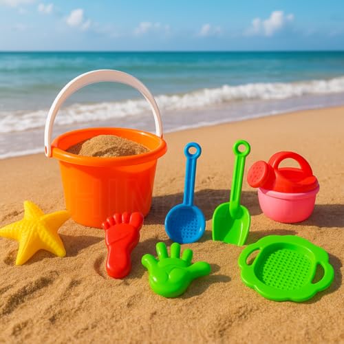 Image of HIMAVAT 8-Piece Beach Sand Toy Set for Kids - Colorful Bucket, Shovel, Molds & Watering Can - Durable Plastic Toys for Toddlers - Perfect for Beach, Sandbox, Outdoor Play