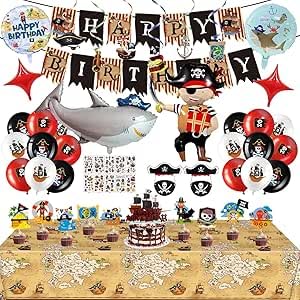 48 pièces anniversaire pirate, Comprend Bannière, Décoration de gâteau, Ballons en latex, Autocollants de tatouage, Ballons en aluminium d'anime, Masques...