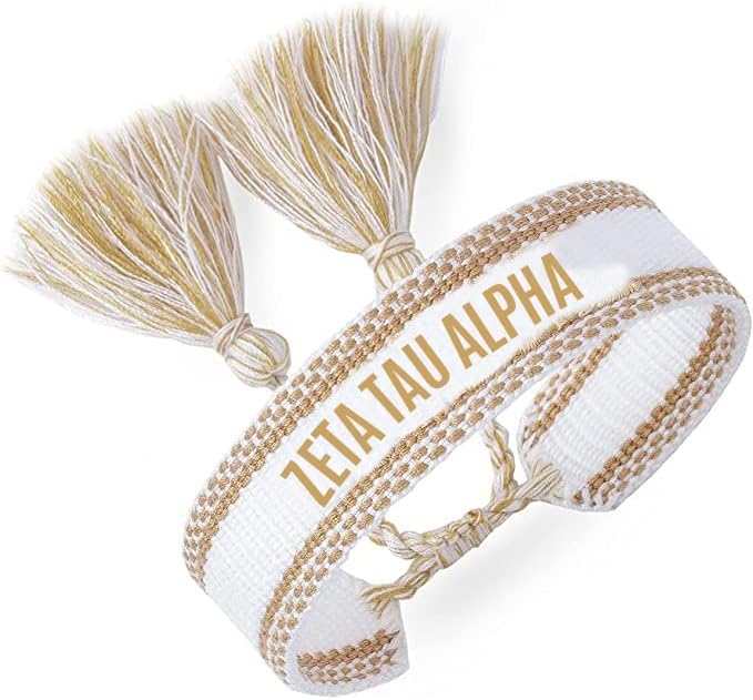 Sorority ShopZeta Tau Alpha Bracelet โ Woven Bracelet, White and Gold Design with ZTA Sorority Name and Tassels, Greek Sorority Jewelry and Big Little Sorority Gifts, no gemstone