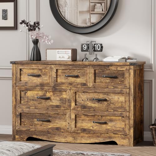 Image of Dresser for Bedroom with 7 Drawers, 48 inch Wide Wood Chest of Drawers with Deep Drawers & Mental Handle, Modern Dresser TV Stand, Wooden Closet Storage Organizer for Living Room, Hallway, Entryway, Brown