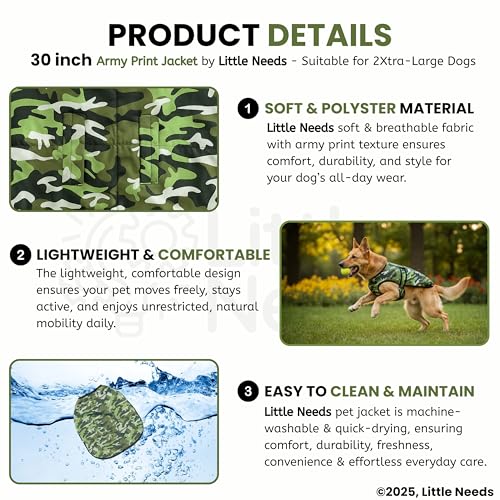 Image of Dog Jacket for Winter (Army Print, 30 Inch) | Camouflage Design, Waterproof & Windproof Polyester Coat with Fleece, Adjustable Velcro Closure, Warm Vest for Cold Weather