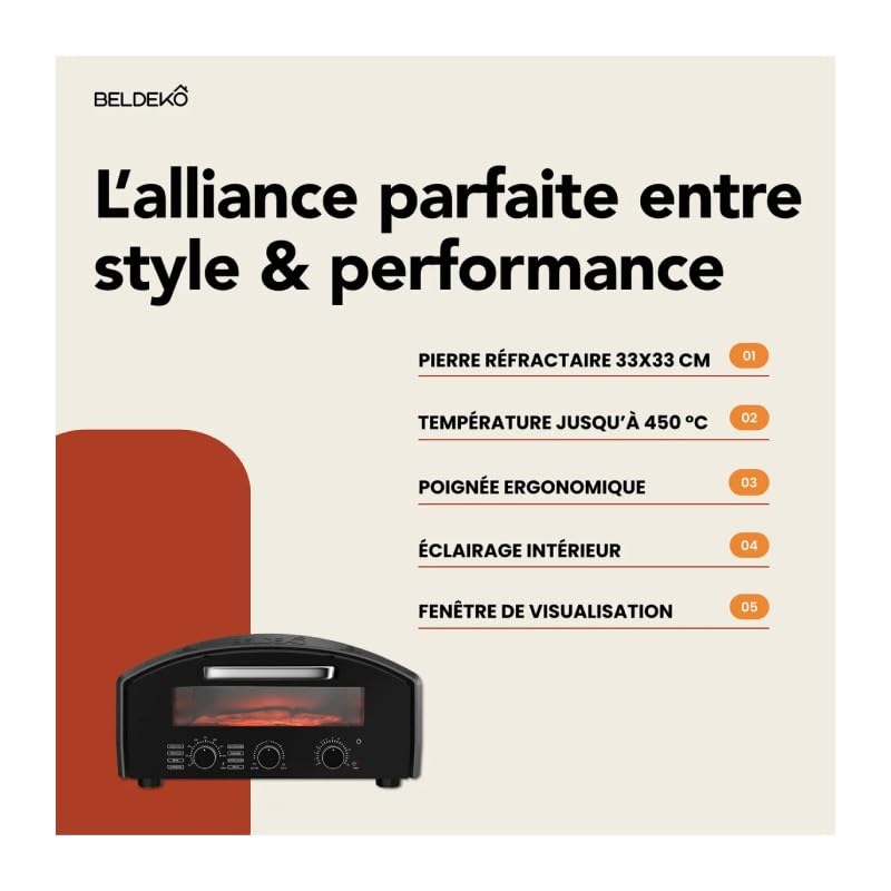 Four à pizza électrique BELDEKO Donato – 450 °C, 2140 W – cuisson 90 secondes – 8 modes + manuel – pierre réfractaire 33×33 cm – pelle à pizza incluse