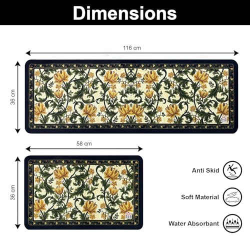 Image of Luxe Home Kitchen Mat Combo Floral Design Standing Desk Floor Mat Non Slip Kitchen Rugs, Comfort Runner Floor for Home Office, Sink & Laundry - Yellow (116x36 & 58x36 cm PC-2)