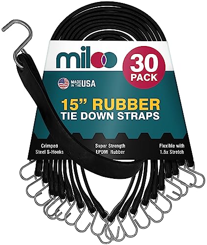 Miloo Rubber Bungee Cords with Hooks - Heavy Duty Tarp and Cargo Straps - Made in USA - 15 Inch Pack of 30