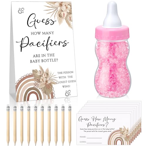 Image of Roowest 512 Pcs Baby Shower Games Guess How Many Pacifiers Sign 100 Small Guessing Games 10 HB Pencils 750ml Milk Bottle 400 Acrylic Pacifiers Decoration for Guest Gender Reveal(Pink,Sunshine)