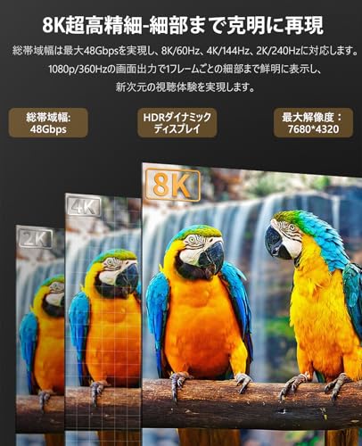 T Tersely for HDMI ケーブル HDMI 2.1 8K＠60Hz対応 超高速 48Gbps 8K/4K/2k HDRダイナミックディスプレイ 3Dビジュアル技術 立体映像 ティアリング防止 安定性 VRR/可変リフレッシュレート 音画同期 六重安全保護 PVC 高耐久 メッキ端子 1080P eARC HDMIポートあるデバイス対応 HDTV の商品画像 2