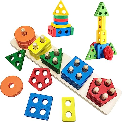 ESnipe Mart Wooden Angle Geometric Blocks Stacker Shape Sorter Column Puzzle Stacking Set (21 Pieces)