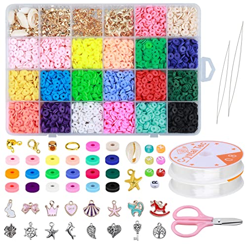 Beads for Jewelry Making kit 5000 Pcs Heishi Beads Clay Beads 6mm 20 Colors with 520 Pcs Letter Beads 2 Roll Elastic Strings for DIY Jewelry Making Bracelets Necklace Beading Supplies Accessories