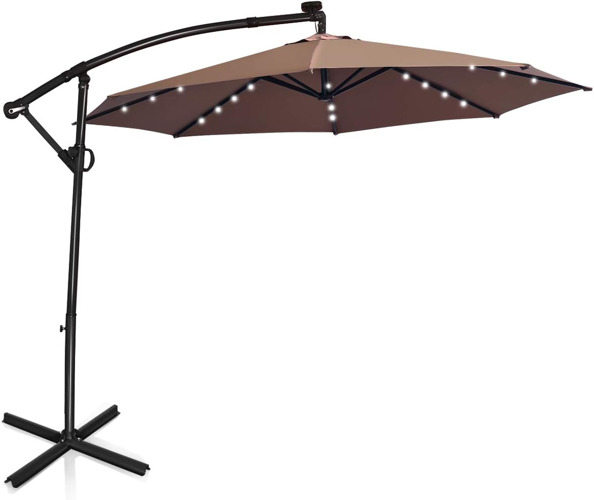 Tangkula 10 FT Solar Patio Umbrella, Offset Cantilever Outdoor Umbrella with 360 Degree Rotation, Aluminum Pole, Easy Tilt Adjustment, Crank Handle & Cross Base for Pool Deck Garden Backyard