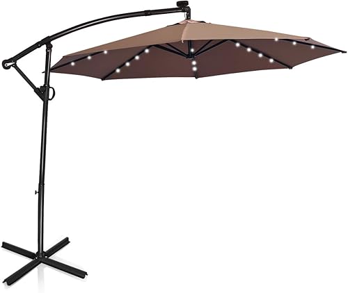 Tangkula Paraguas de patio de 10 pies con rotación de 360 grados, paraguas LED alimentado por energía solar con manivela y base cruzada, paraguas de