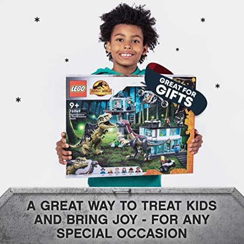 LEGO 76949 Jurassic World Giganotosaurus & Therizinosaurus Attack with 2 Dinosaur Toy Figures, ATV Car, Helicopter & Garage, Gifts for Kids, Boys and Girls
