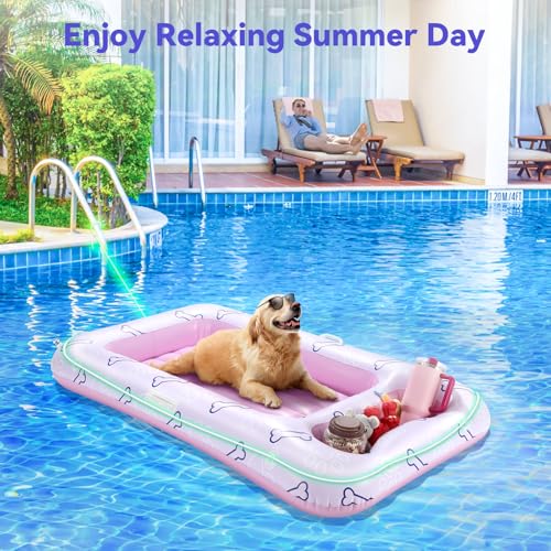 Pawaboo Hundepool-Schwimmring, Aufblasbare Pool-Schwimmringe für Mittelgroße und Große Hunde bis zu 220 lbs, Hundeschwimmflöße mit Doppelten Griffen und Snackbereich, Schwimmende Hundeliege, Rosa