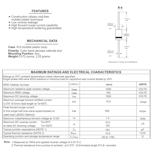 ALLECIN 30Pcs 10A10 Rectifier Diode 10A 1000V Schottky Axial Switching Doorbell Diodes 10 Amp 1000 Volt Dioden R-6 Package