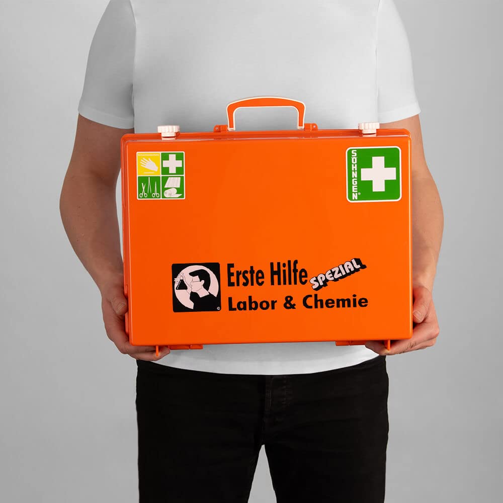 Erste-Hilfe-Koffer Labor/Chemie, Wandhalt. Söhngen, orange, ASR A4.3/DIN 13157, Art.-Nr. 110034 | Verbandskasten | Notfallkoffer | Erste Hilfe Kasten