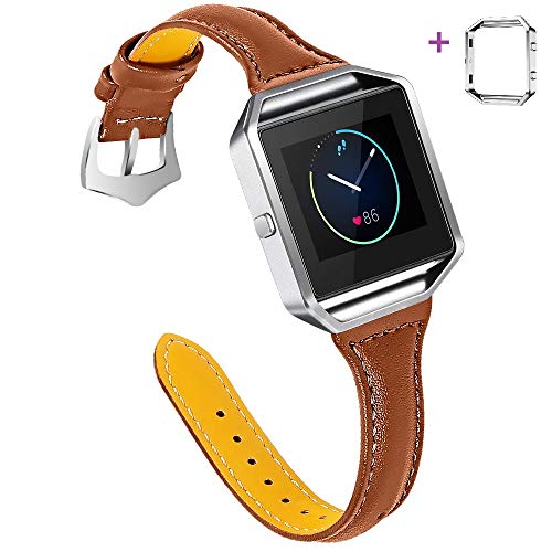 Jiarusig Compatible with Fitbit Blaze Bands with Frame, Genuine Leather Slim Strap Replacement Wristband Large Small Smart Watch Band Women Men Compatible with Fitbit Blaze