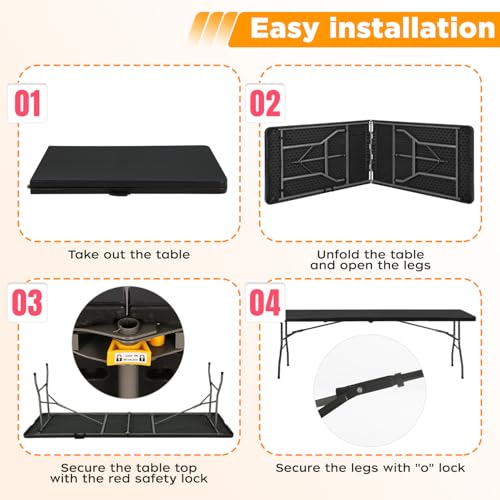 Image of FDW 8FT Folding Table, Portable Fold-in-Half Plastic Picnic Party Table with Carrying Handle (Black, 8FT)