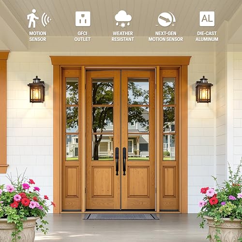 Image of Gleamz Outdoor Porch Light with Outlet, 2-Pack Motion Sensor Outdoor Porch Lights, Oil Rubbed Bronze Dusk to Dawn Outside Garage Lights for House, Waterproof Front Door Light Fixture for Patio, Coach
