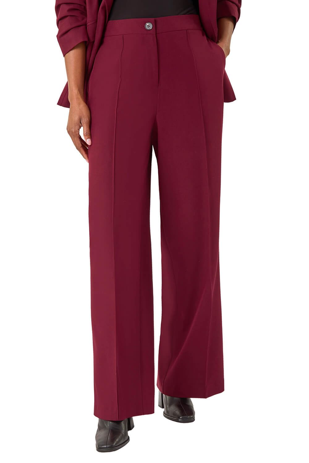 Roman Originals Women's Wine Roman Tailored Relaxed Stretch Trousers For Uk - Spring Everyday Summer Holiday Button Fastened Comfy Side Pockets Soft Pleat Detail Daywear Bottoms - Size 18